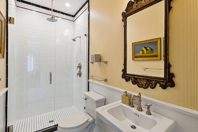 bathroom with toilet, a stall shower, and a sink