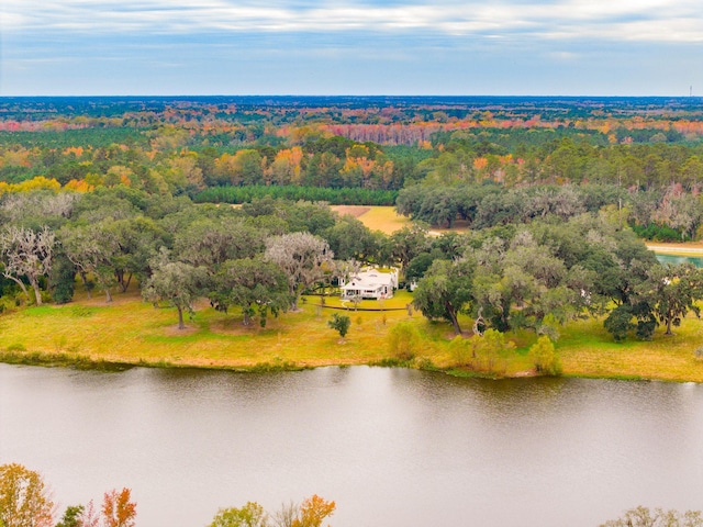 bird's eye view with a forest view and a water view