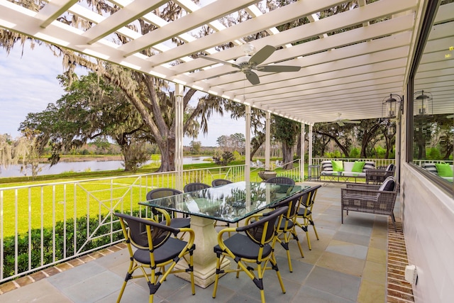 view of patio / terrace with a ceiling fan, a pergola, an outdoor hangout area, a water view, and outdoor dining area
