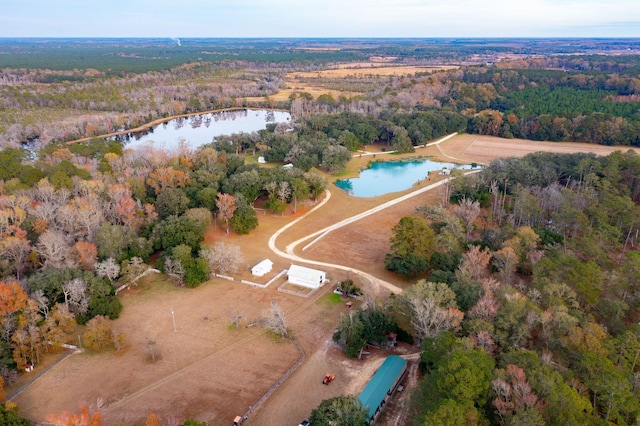 bird's eye view featuring a wooded view and a water view