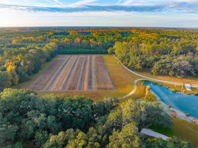 aerial view featuring a rural view, a wooded view, and a water view