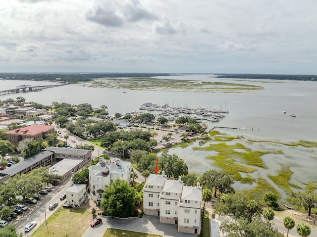 drone / aerial view featuring a water view