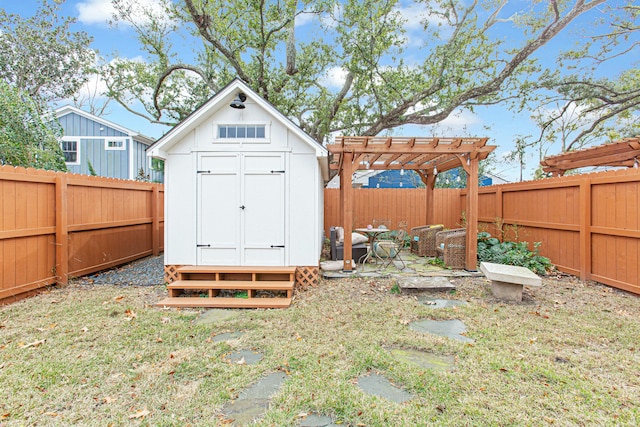 view of yard featuring a pergola and a shed