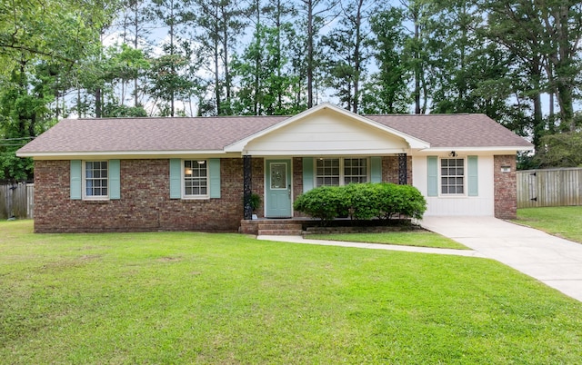 305 Forest Cir, Summerville, SC 29483 - ranch-style home with brick siding, a porch, a shingled roof, and driveway