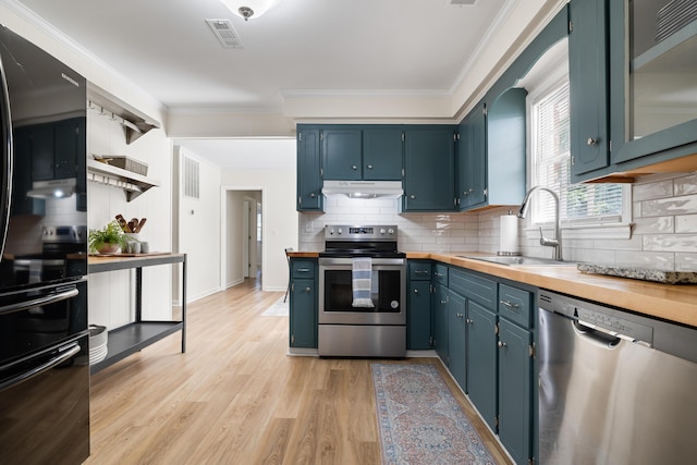 305 Forest Cir, Summerville, SC 29483 - kitchen with appliances with stainless steel finishes, under cabinet range hood, a sink, wood counters, and crown molding