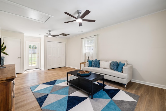 305 Forest Cir, Summerville, SC 29483 - living room featuring a ceiling fan, attic access, light wood-style floors, plenty of natural light, and crown molding