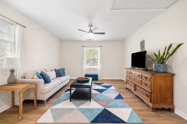 305 Forest Cir, Summerville, SC 29483 - living area featuring light wood-type flooring, crown molding, ceiling fan, attic access, and baseboards