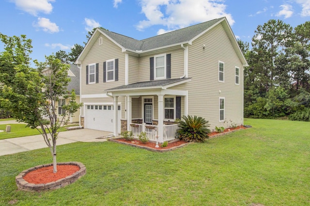 520 Crossland Dr, Moncks Corner, SC 29461 - traditional-style house with a porch, driveway, an attached garage, a front lawn, and stone siding