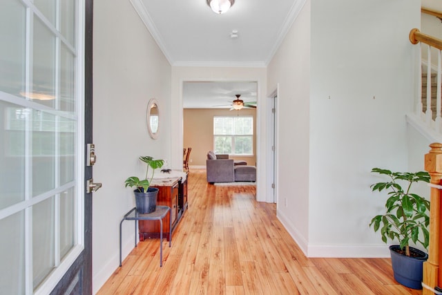 520 Crossland Dr, Moncks Corner, SC 29461 - foyer with stairway, light wood-style floors, ornamental molding, ceiling fan, and baseboards