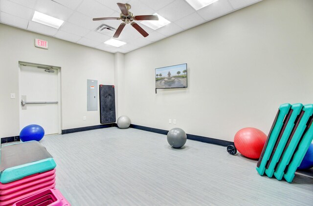 520 Crossland Dr, Moncks Corner, SC 29461 - exercise room with electric panel, baseboards, carpet, a ceiling fan, and a drop ceiling