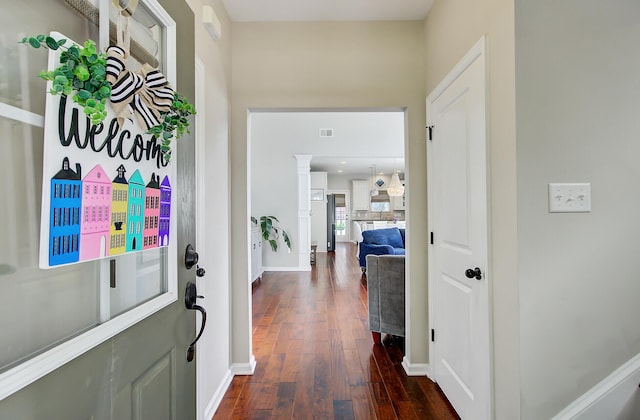 foyer entrance featuring baseboards and dark wood-style flooring