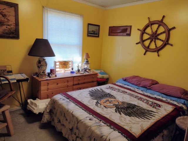 carpeted bedroom with crown molding