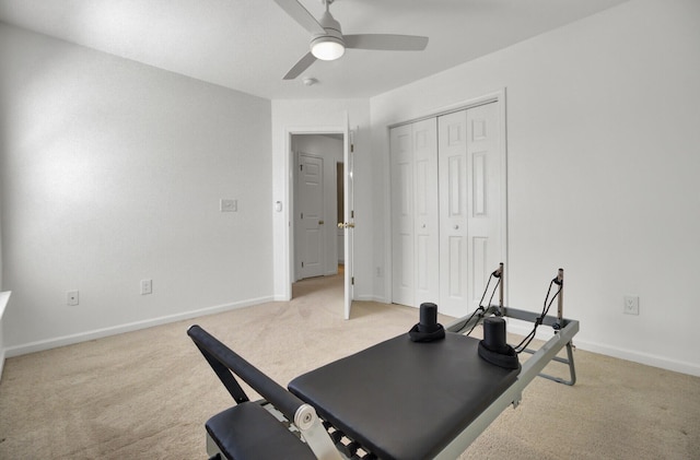 117 Red Leaf Blvd, Moncks Corner, SC 29461 - workout room featuring light carpet, a ceiling fan, and baseboards