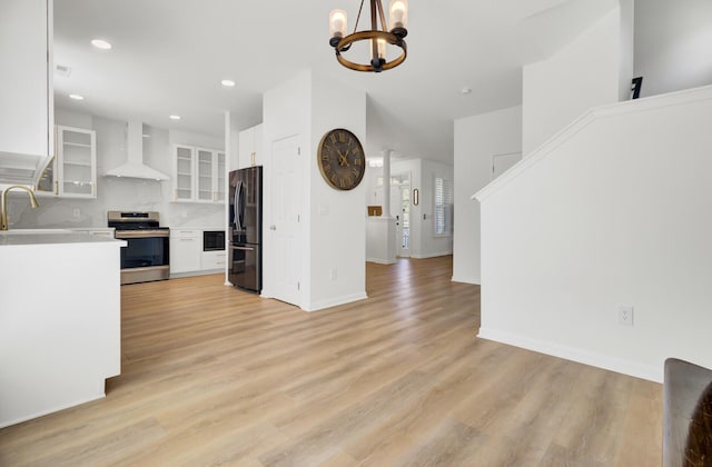 117 Red Leaf Blvd, Moncks Corner, SC 29461 - kitchen featuring wall chimney range hood, electric range, black fridge with ice dispenser, white cabinetry, and recessed lighting