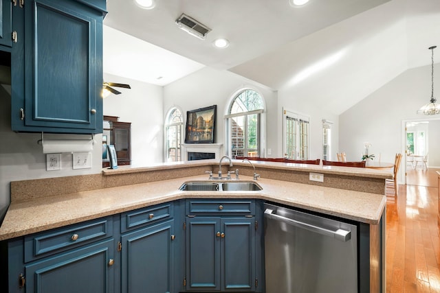 kitchen with a sink, visible vents, open floor plan, blue cabinetry, and dishwasher