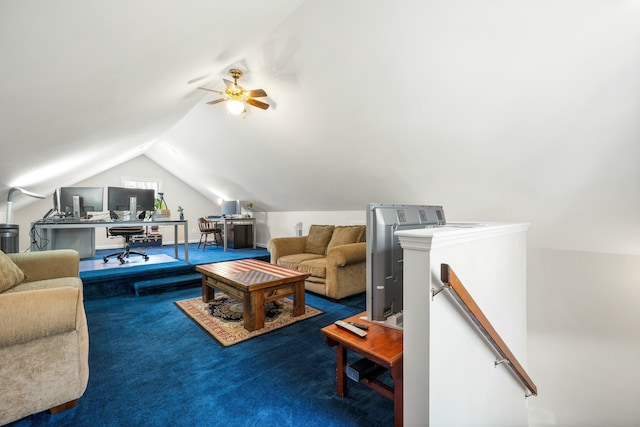 living room with carpet flooring, vaulted ceiling, and ceiling fan