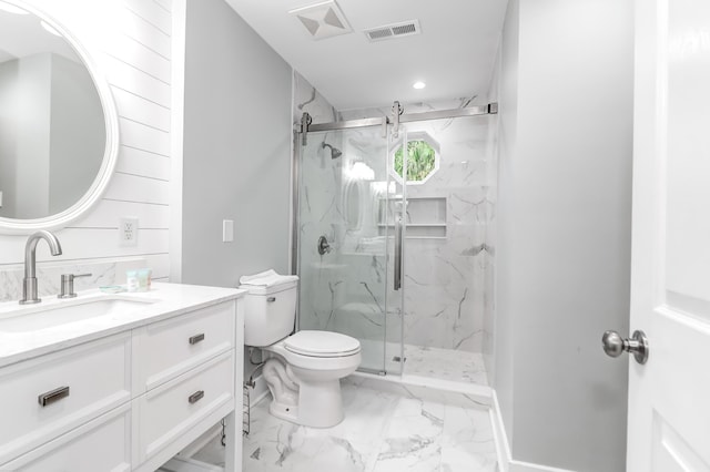 full bathroom featuring toilet, marble finish floor, a marble finish shower, and visible vents