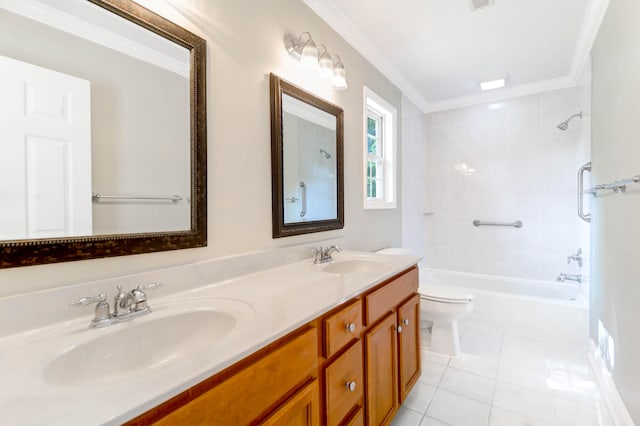 full bathroom featuring tile patterned flooring, crown molding, toilet, shower / washtub combination, and vanity