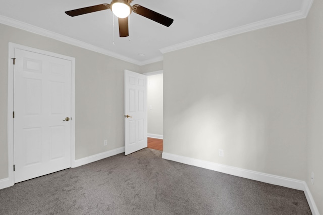 unfurnished bedroom with carpet floors, ceiling fan, and ornamental molding