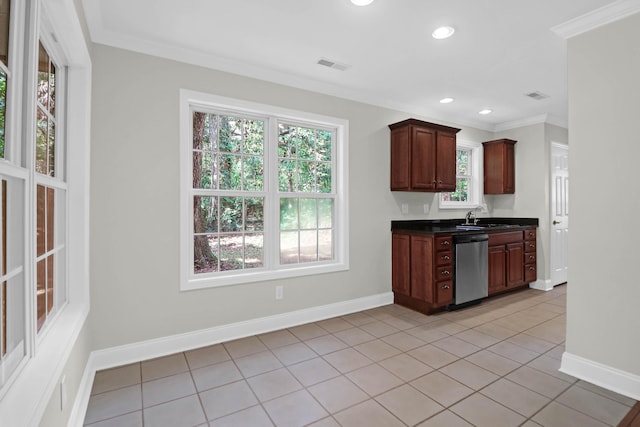 kitchen with stainless steel dishwasher, sink, light tile patterned floors, and crown molding