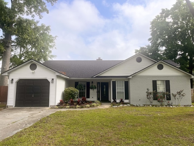 single story home featuring a front lawn, a garage, a shingled roof, brick siding, and concrete driveway