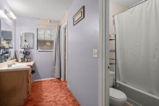 full bathroom with shower / bath combo with shower curtain, vanity, a textured ceiling, and toilet