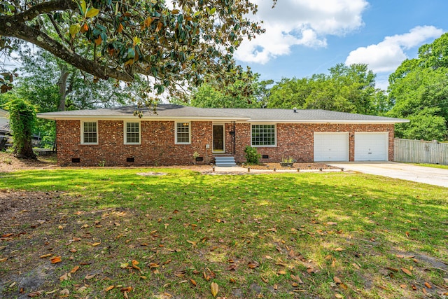 single story home with fence, an attached garage, crawl space, concrete driveway, and a front yard