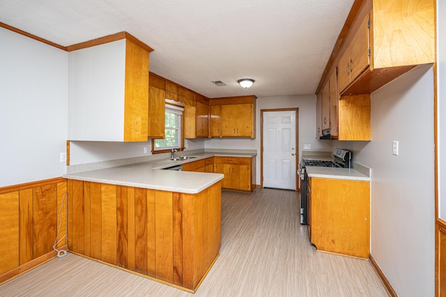kitchen with stainless steel range with gas cooktop, a peninsula, a sink, brown cabinets, and light countertops
