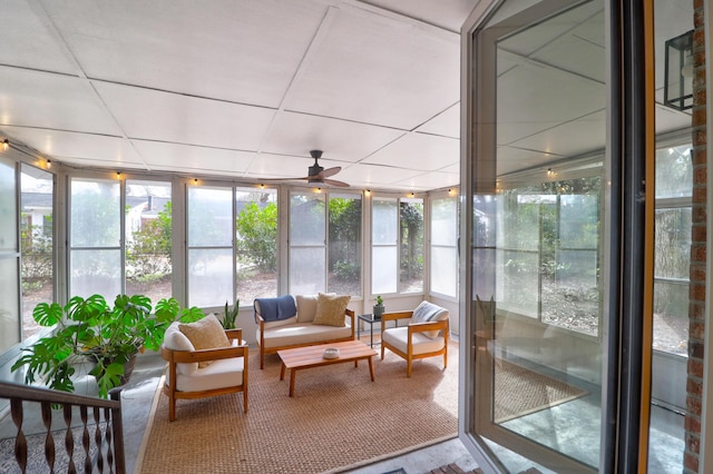 sunroom with ceiling fan and a paneled ceiling