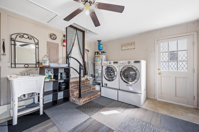 115 Clubhouse Rd, Summerville, SC 29483 - laundry area featuring laundry area, carpet, a ceiling fan, water heater, and washing machine and clothes dryer