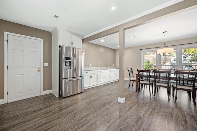 115 Clubhouse Rd, Summerville, SC 29483 - kitchen with stainless steel fridge with ice dispenser, baseboards, white cabinets, and dark wood-style floors