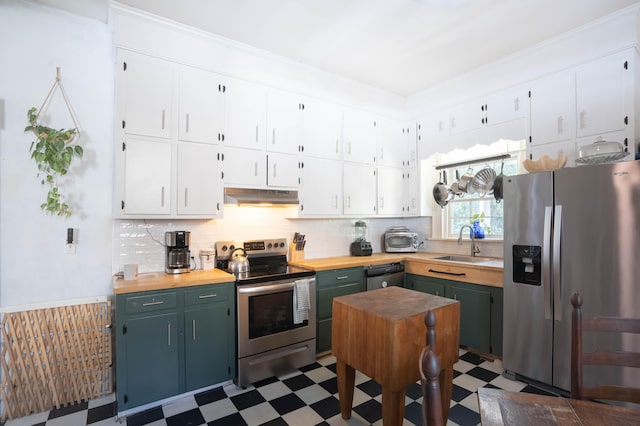 kitchen with white cabinets, stainless steel appliances, butcher block countertops, and sink