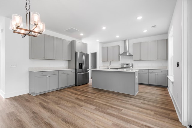 1076 Williams Rd, Charleston, SC 29412 - kitchen with stainless steel appliances, gray cabinets, wall chimney exhaust hood, light wood finished floors, and recessed lighting