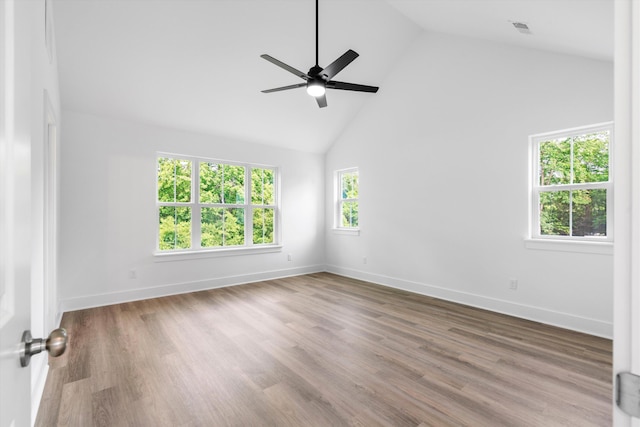 1076 Williams Rd, Charleston, SC 29412 - unfurnished room featuring high vaulted ceiling, a ceiling fan, wood finished floors, and baseboards