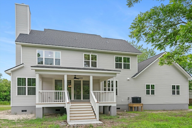 1076 Williams Rd, Charleston, SC 29412 - rear view of house with crawl space, covered porch, ceiling fan, a chimney, and central AC