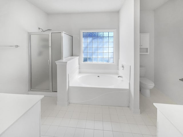 full bath featuring a garden tub, toilet, vanity, and a shower stall