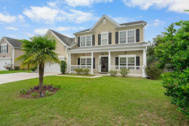 view of front facade with covered porch, a front yard, and a garage