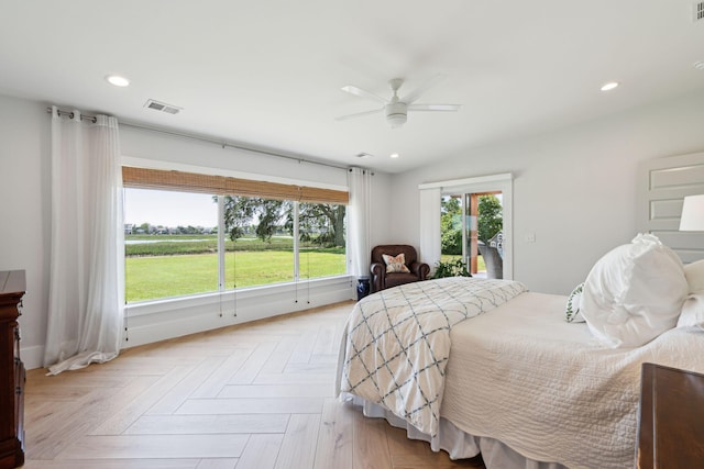 bedroom featuring access to exterior, recessed lighting, a ceiling fan, and baseboards