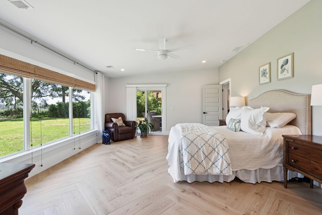 bedroom with access to exterior, a ceiling fan, and recessed lighting