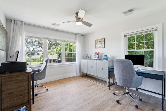 home office featuring ceiling fan, healthy amount of natural light, light wood-type flooring, and baseboards