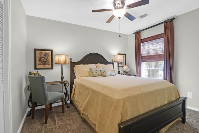 carpeted bedroom with ceiling fan