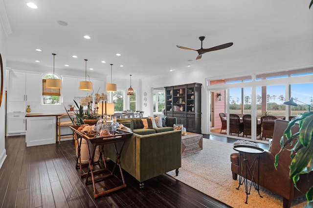 2128 Breezy Point Dr, Mount Pleasant, SC 29466 - living area with recessed lighting, a ceiling fan, and dark wood-style floors