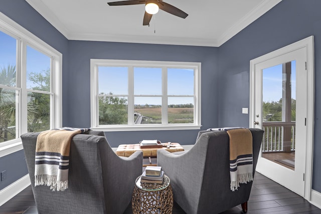 2128 Breezy Point Dr, Mount Pleasant, SC 29466 - living area with healthy amount of natural light, baseboards, ceiling fan, dark wood finished floors, and ornamental molding