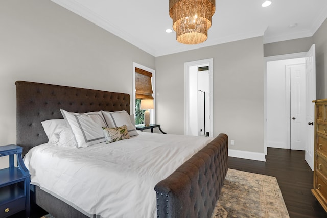 2128 Breezy Point Dr, Mount Pleasant, SC 29466 - bedroom with ornamental molding, recessed lighting, dark wood-style flooring, baseboards, and a chandelier