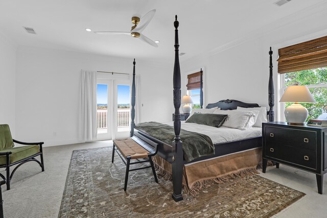 2128 Breezy Point Dr, Mount Pleasant, SC 29466 - carpeted bedroom with access to exterior, ornamental molding, and ceiling fan