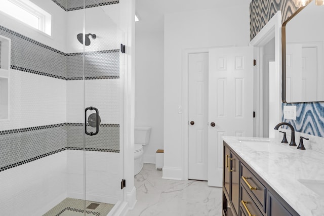 2128 Breezy Point Dr, Mount Pleasant, SC 29466 - full bath featuring a stall shower, toilet, marble finish floors, double vanity, and baseboards