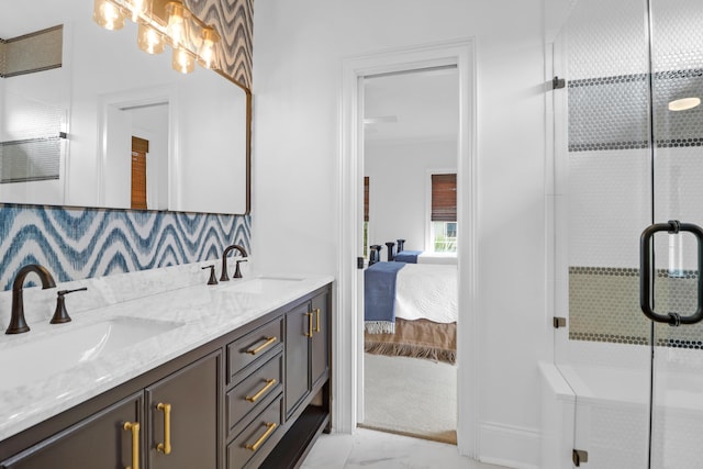 2128 Breezy Point Dr, Mount Pleasant, SC 29466 - bathroom featuring ensuite bath, a shower stall, double vanity, and decorative backsplash