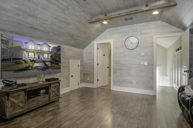 living room featuring lofted ceiling, dark wood-type flooring, and wood ceiling