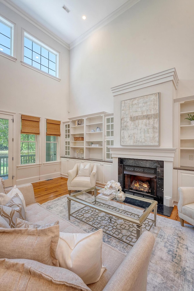 2701 Fountainhead Way, Mount Pleasant, SC 29466 - living area with a towering ceiling, wood finished floors, a premium fireplace, healthy amount of natural light, and crown molding
