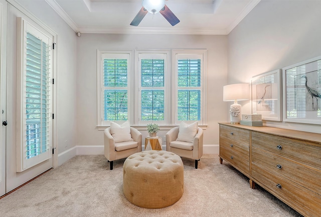 2701 Fountainhead Way, Mount Pleasant, SC 29466 - living area featuring light carpet, baseboards, a ceiling fan, and ornamental molding